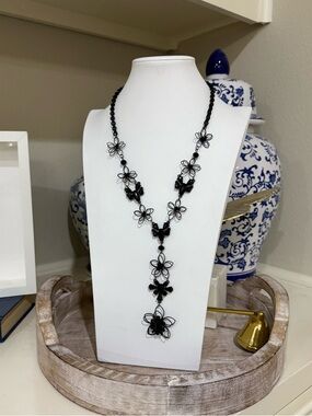 Black Statement Necklace with Cascading Flowers and Black Faceted Stones